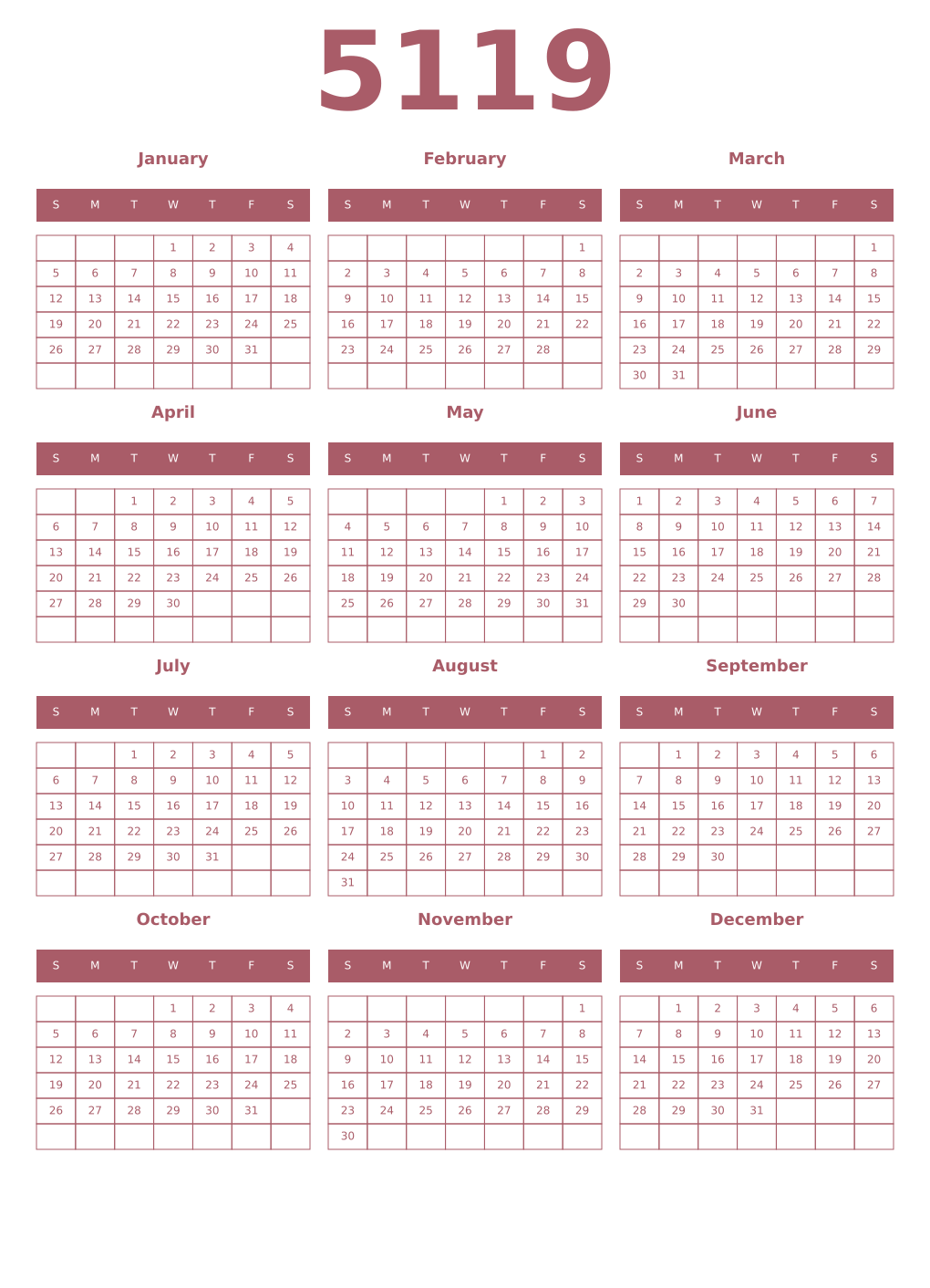Printable 5119 Year Calendars puce