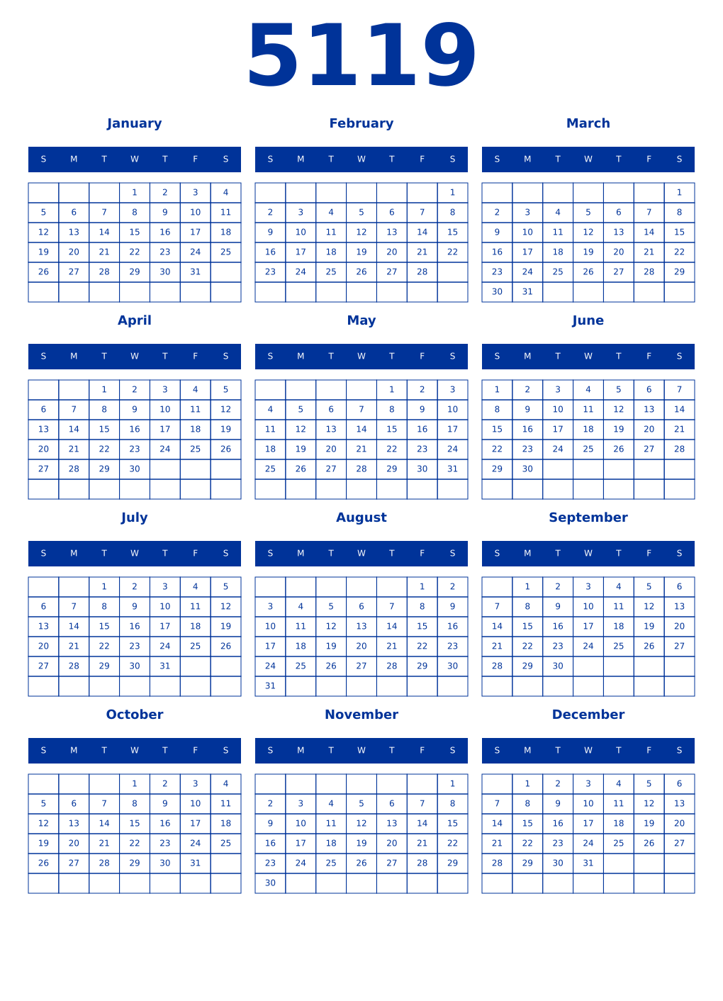 Printable 5119 Year Calendars smalt
