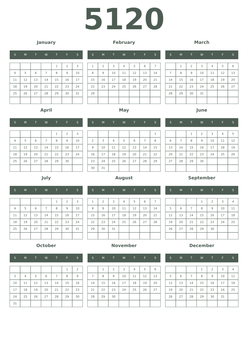 Printable 5120 Year Calendars feldgrau