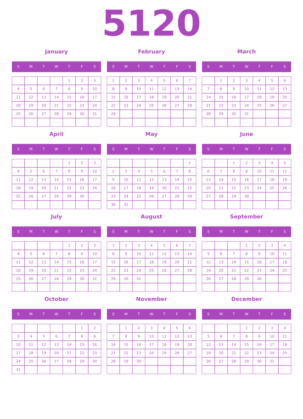 Printable 5120 Year Calendars purple