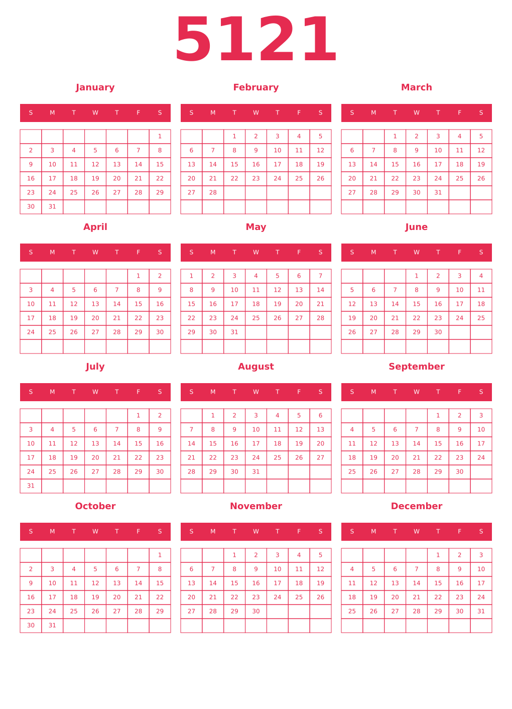 Printable 5121 Year Calendars amaranth