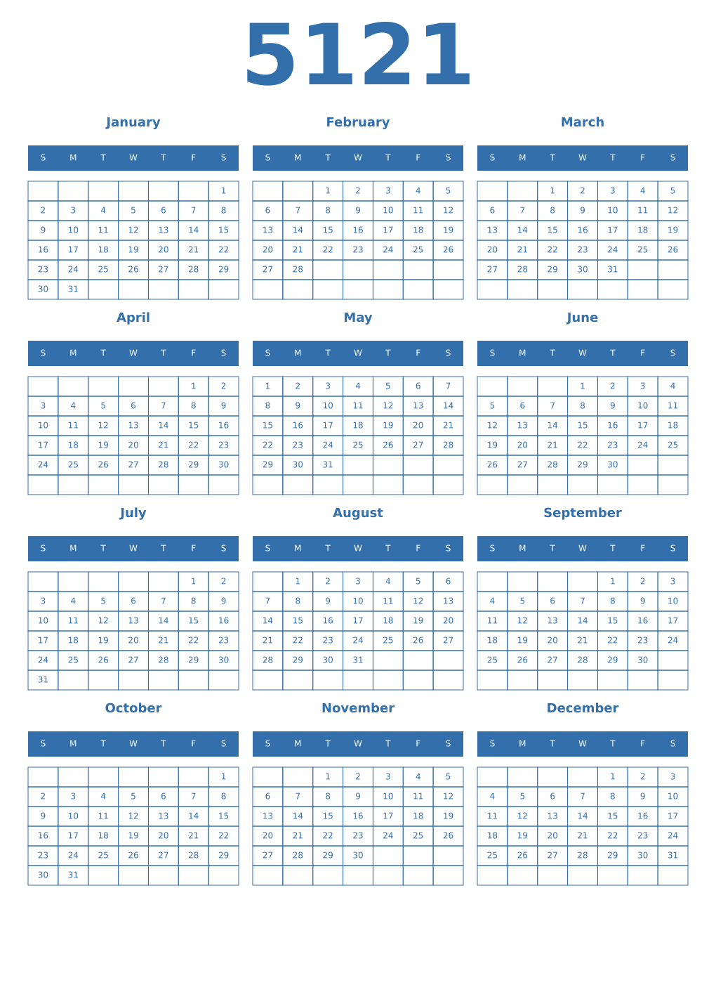 Printable 5121 Year Calendars blue