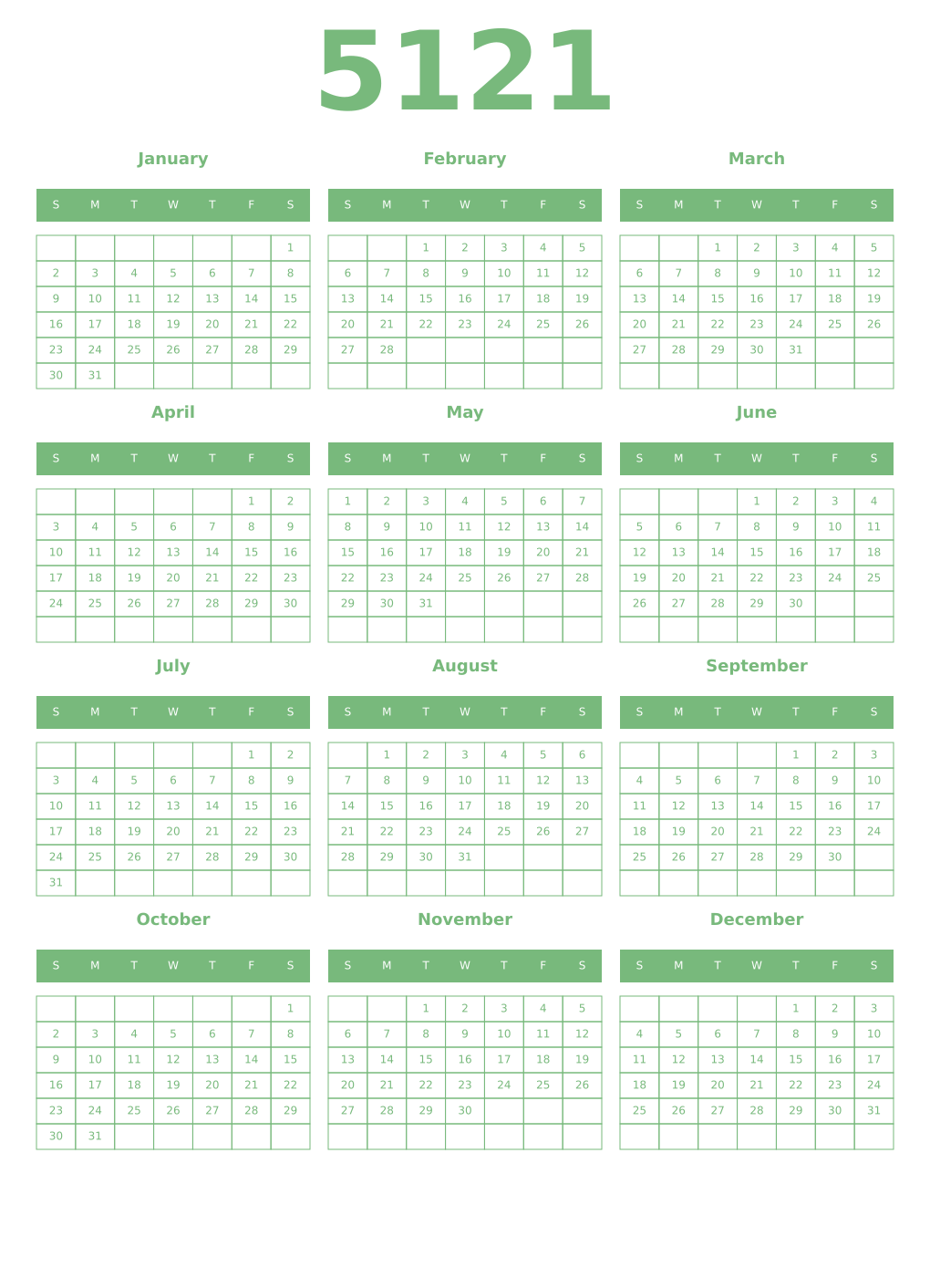 Printable 5121 Year Calendars celadon