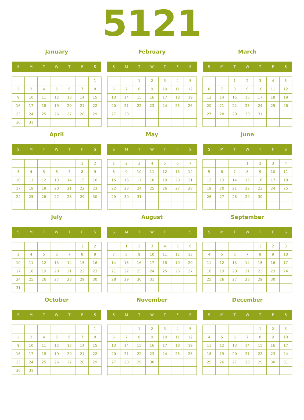 Printable 5121 Year Calendars chartreuse
