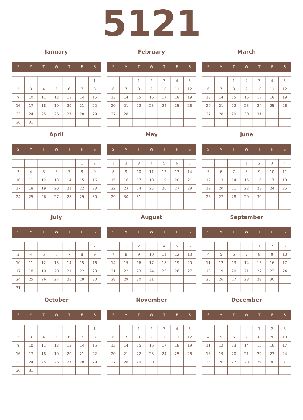 Printable 5121 Year Calendars coffe