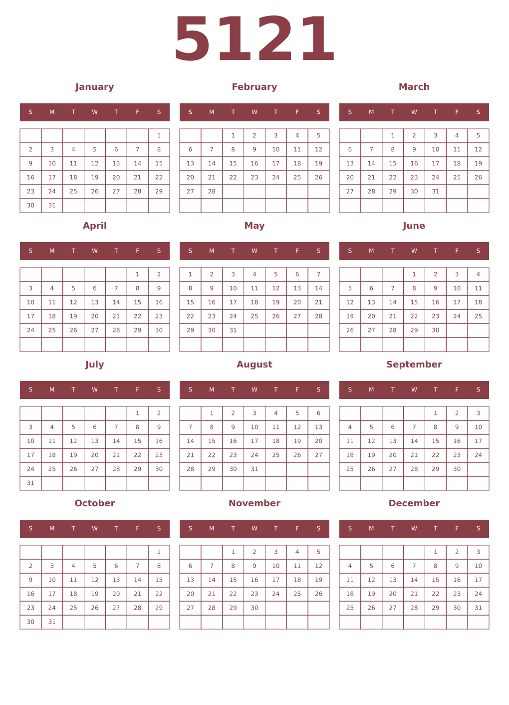 Printable 5121 Year Calendars cordovan