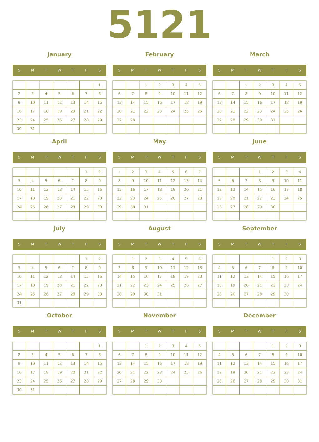 Printable 5121 Year Calendars eburnean