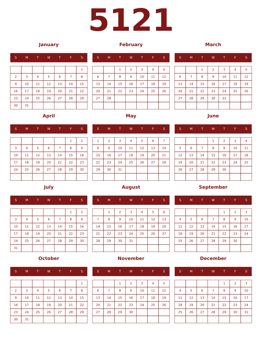 Printable 5121 Year Calendars falu