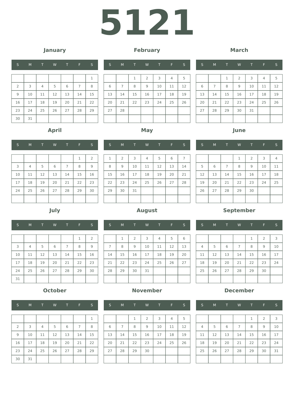 Printable 5121 Year Calendars feldgrau