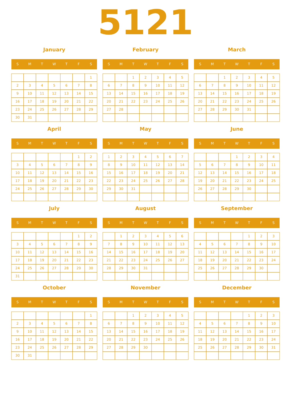 Printable 5121 Year Calendars gamboge