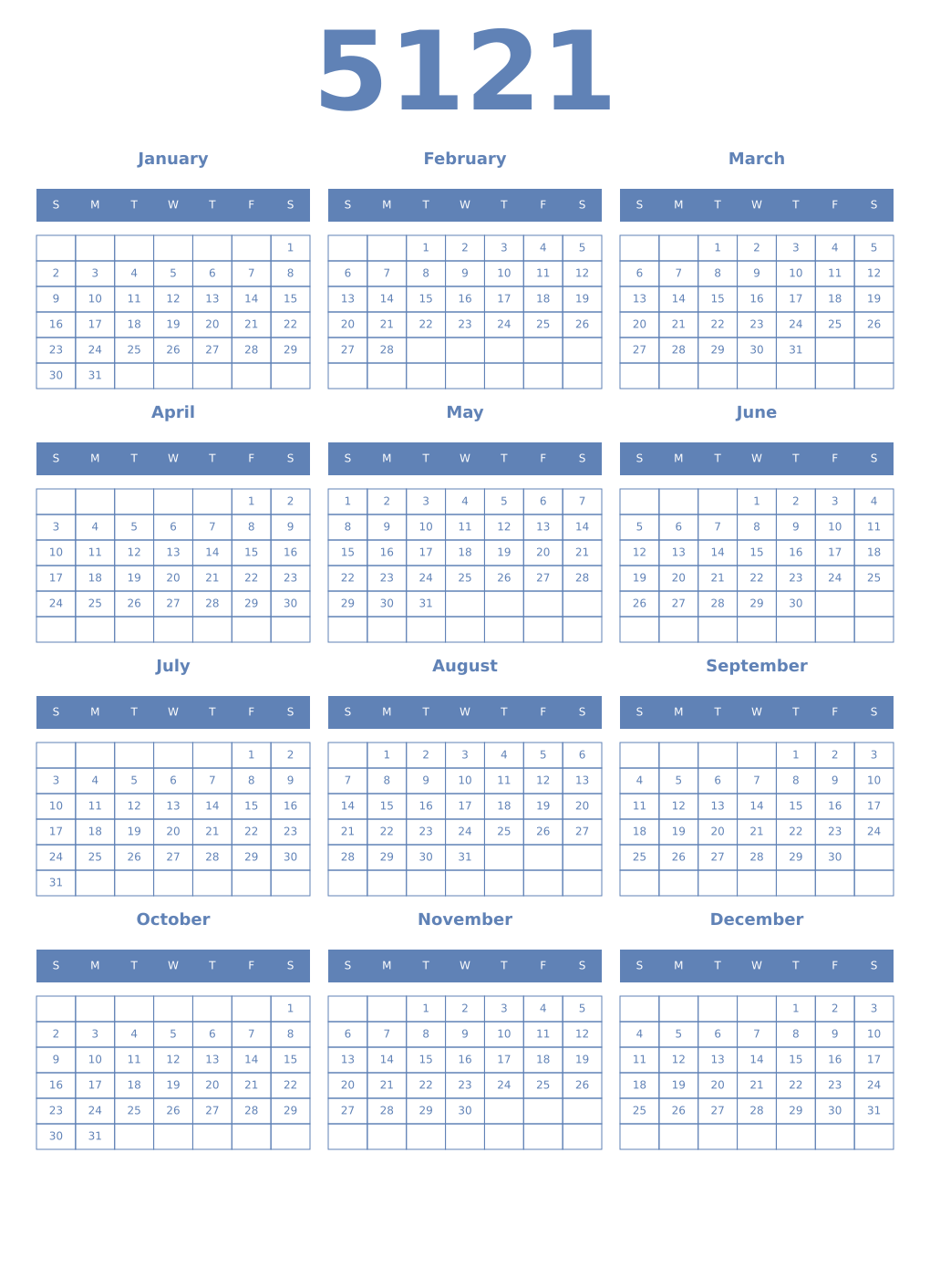 Printable 5121 Year Calendars glaucous