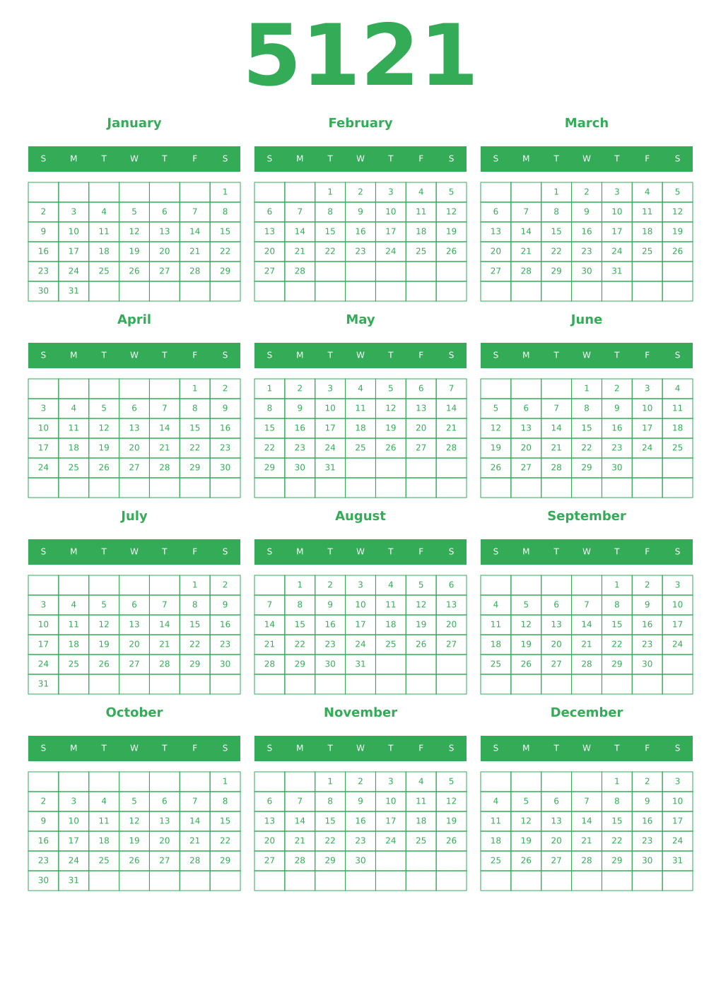 Printable 5121 Year Calendars green
