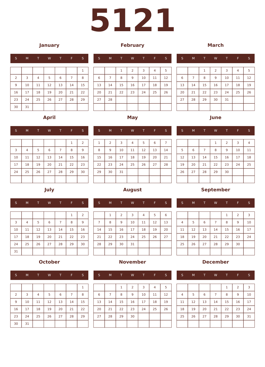 Printable 5121 Year Calendars mortuum