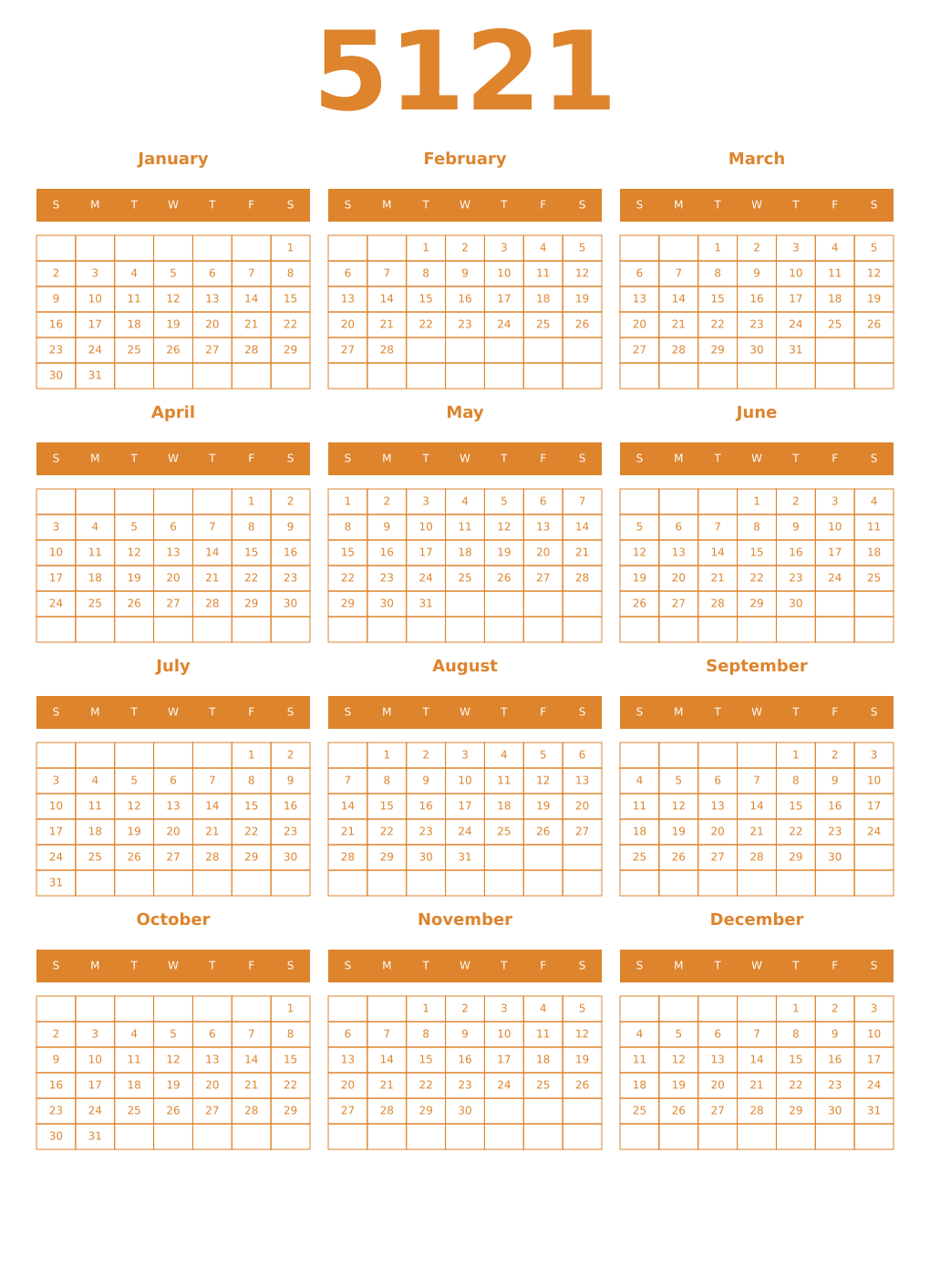 Printable 5121 Year Calendars orange