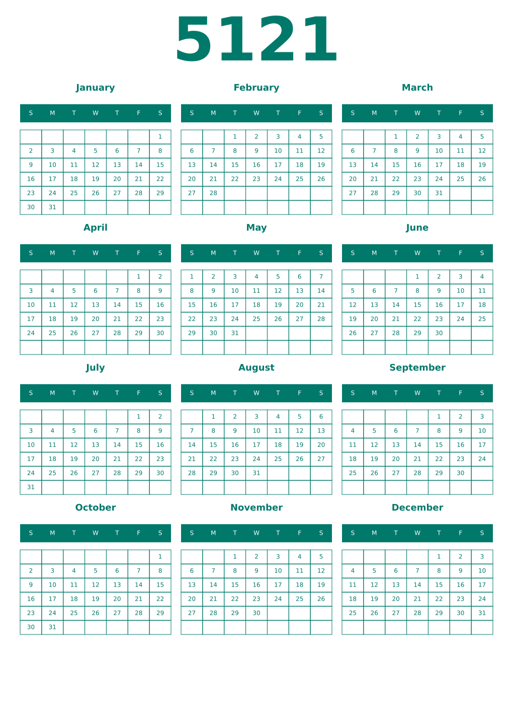 Printable 5121 Year Calendars pastel