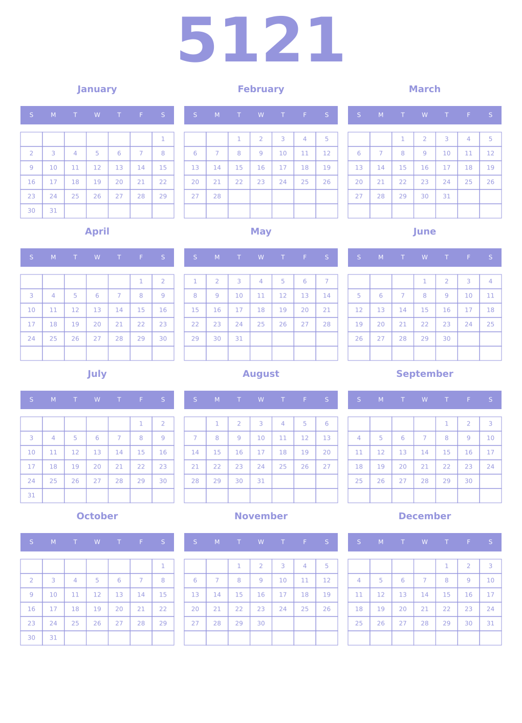 Printable 5121 Year Calendars periwinkle