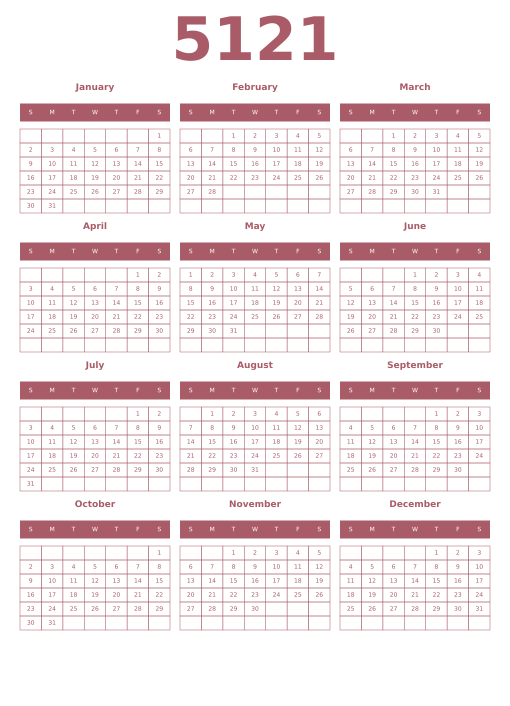 Printable 5121 Year Calendars puce