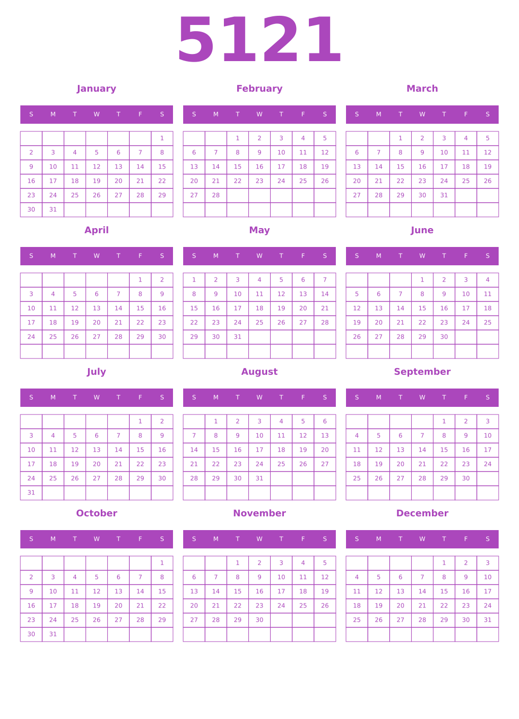 Printable 5121 Year Calendars purple