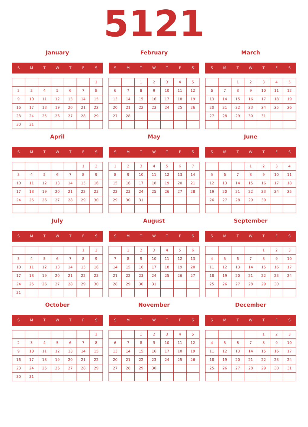 Printable 5121 Year Calendars red