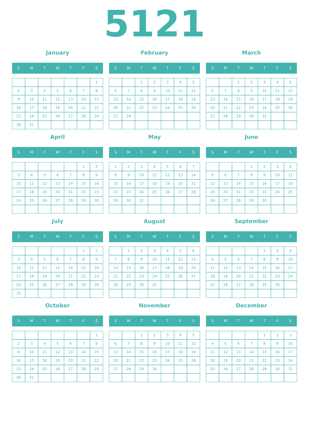 Printable 5121 Year Calendars verdigris