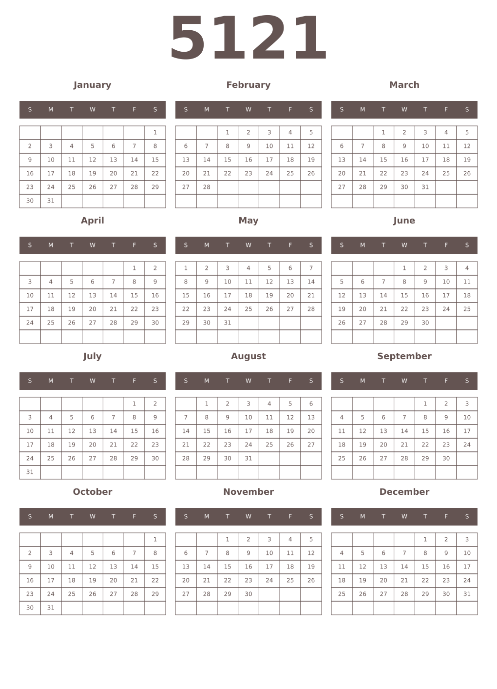 Printable 5121 Year Calendars wenge