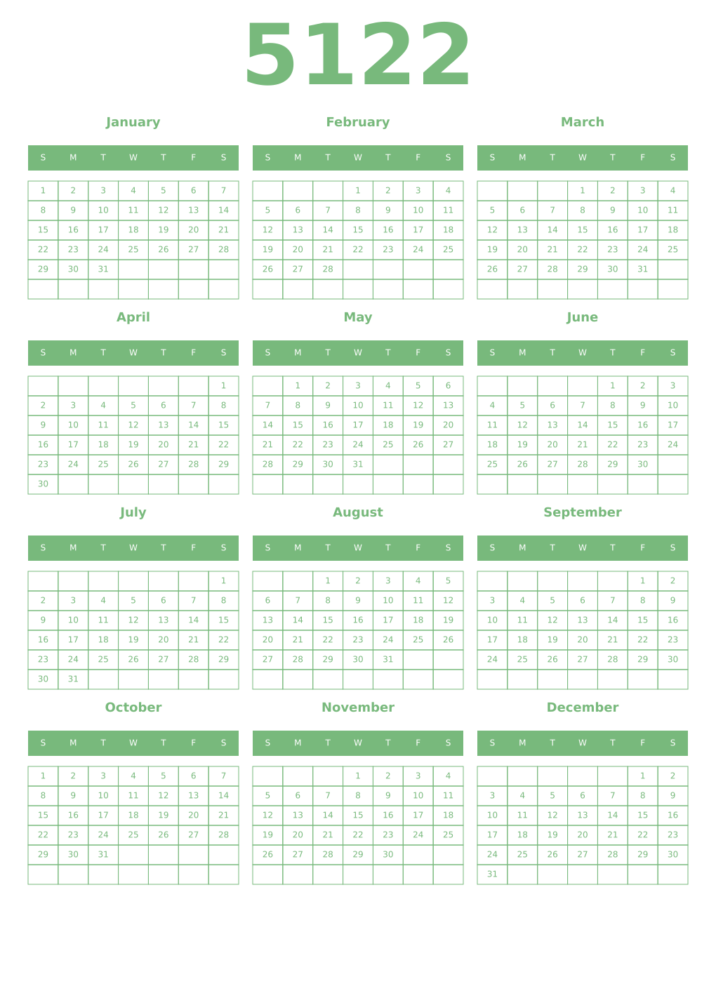 Printable 5122 Year Calendars celadon
