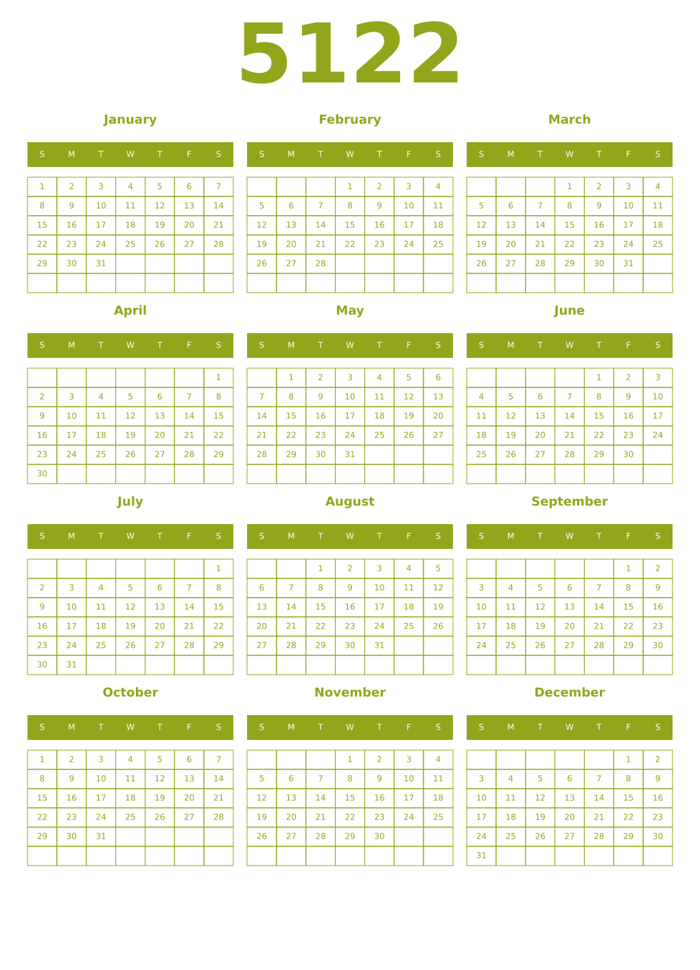 Printable 5122 Year Calendars chartreuse