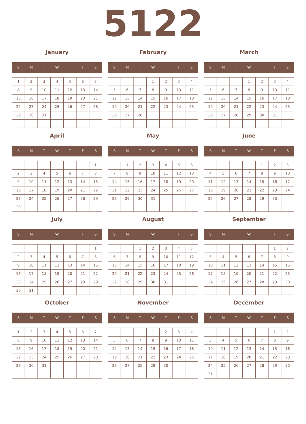 Printable 5122 Year Calendars coffe