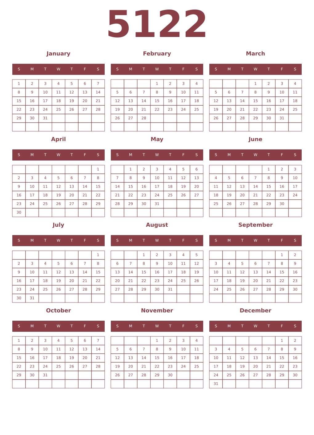 Printable 5122 Year Calendars cordovan