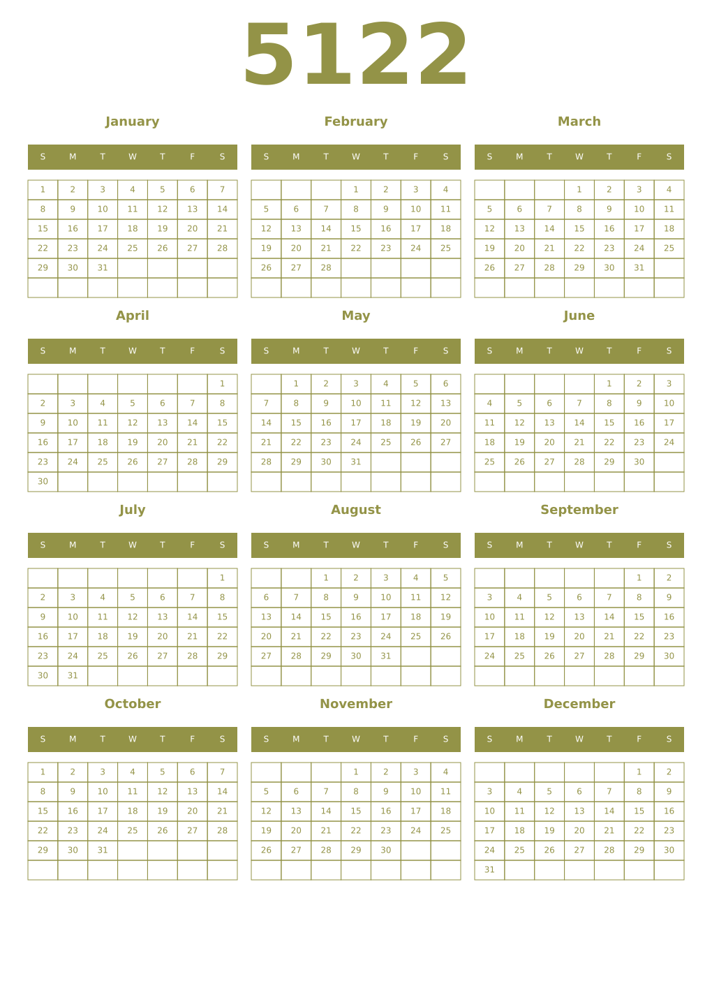 Printable 5122 Year Calendars eburnean