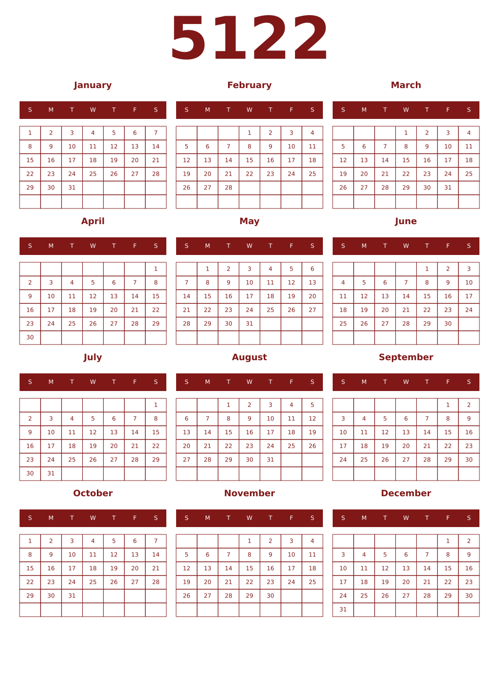Printable 5122 Year Calendars falu