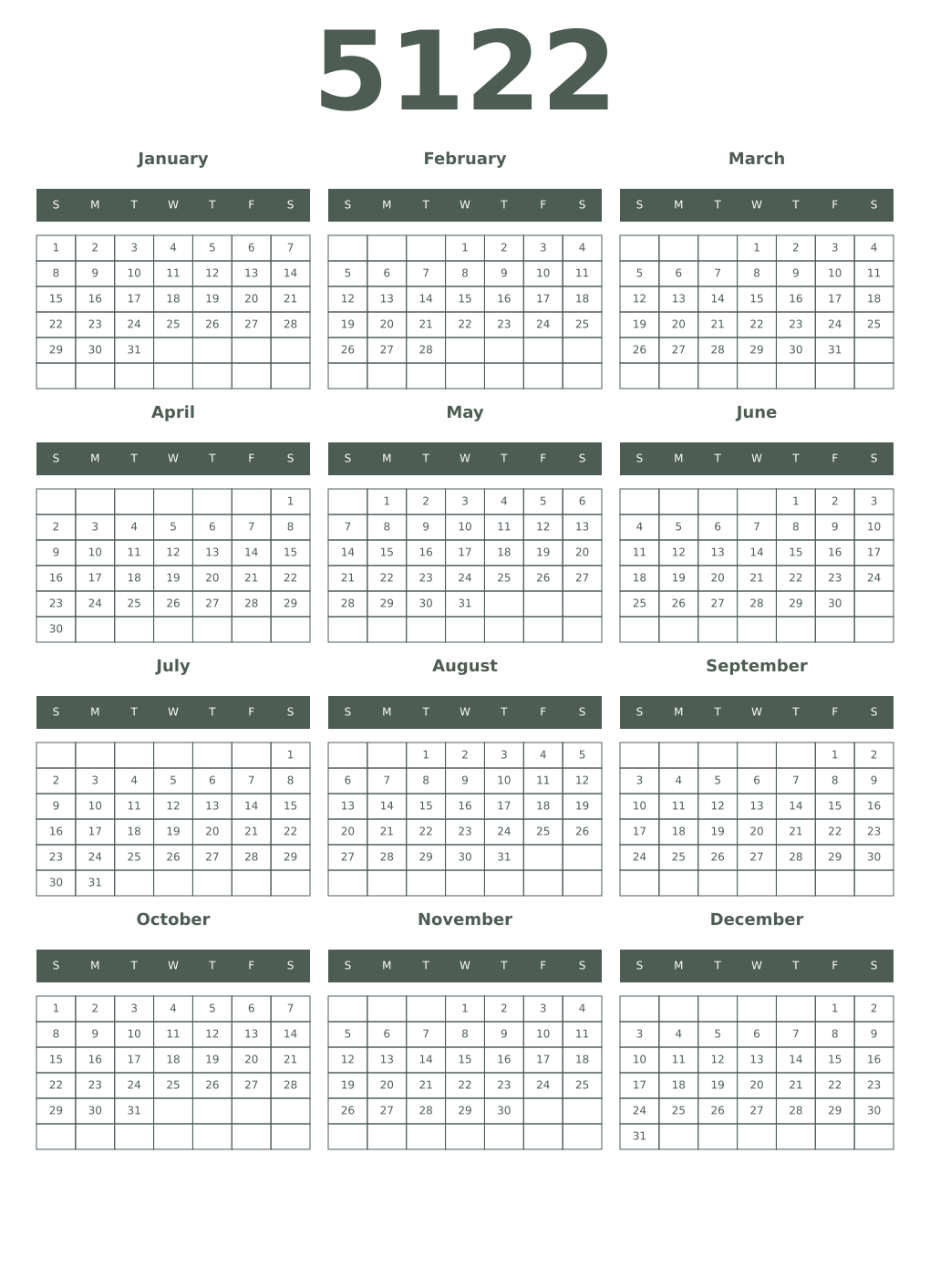 Printable 5122 Year Calendars feldgrau