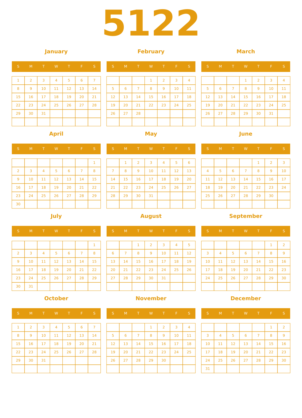 Printable 5122 Year Calendars gamboge