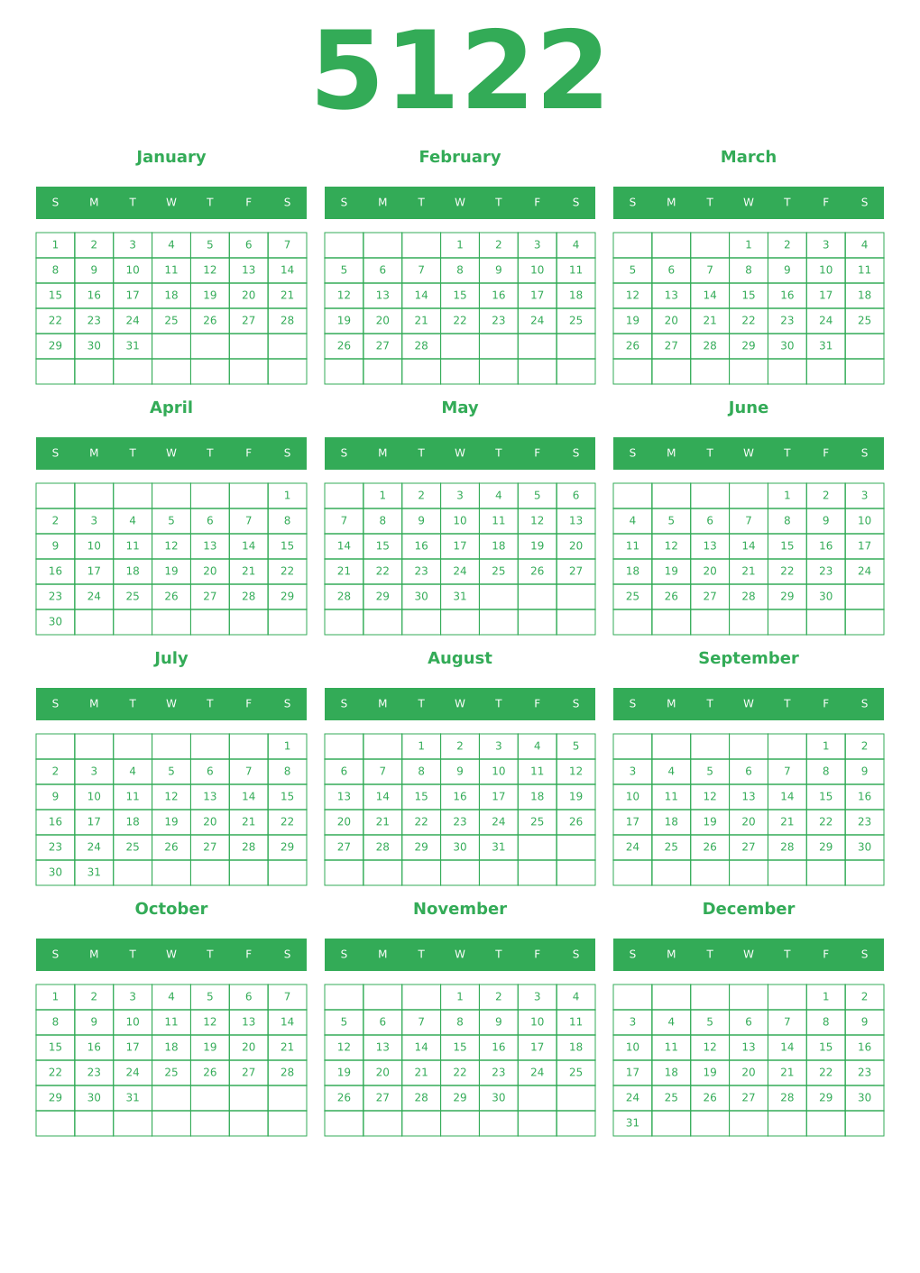 Printable 5122 Year Calendars green