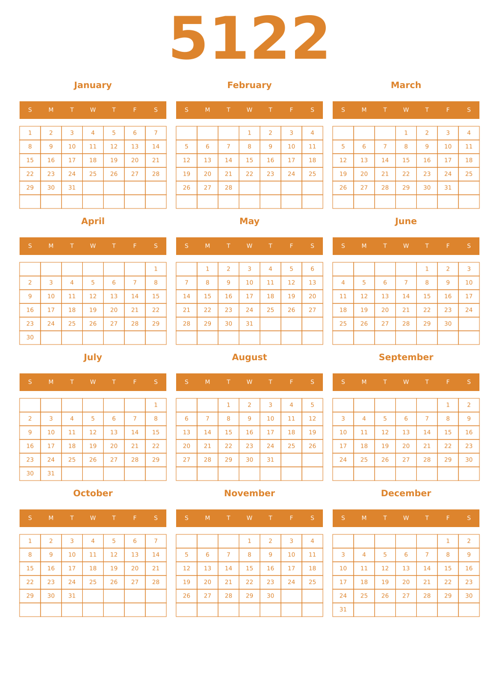 Printable 5122 Year Calendars orange