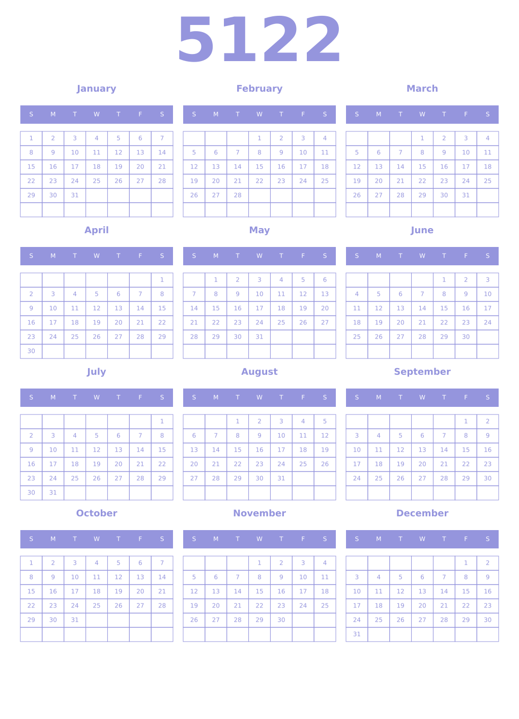 Printable 5122 Year Calendars periwinkle