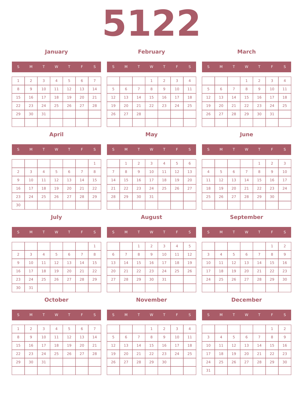 Printable 5122 Year Calendars puce