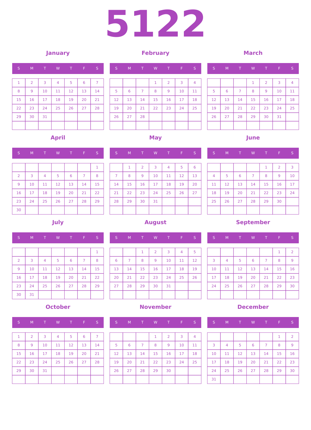 Printable 5122 Year Calendars purple