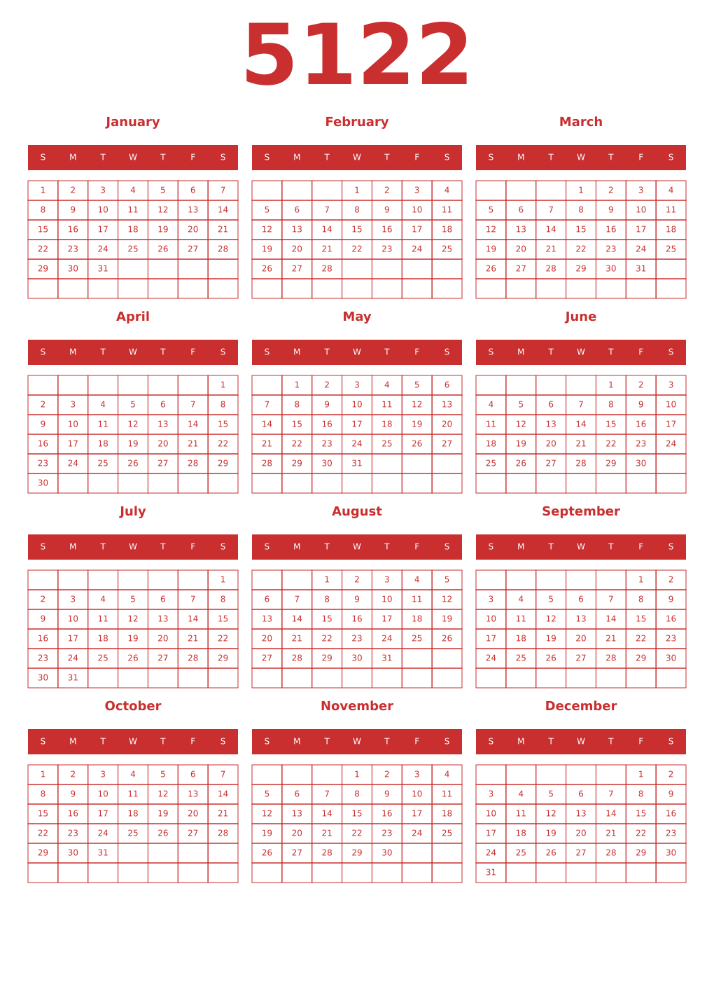 Printable 5122 Year Calendars red