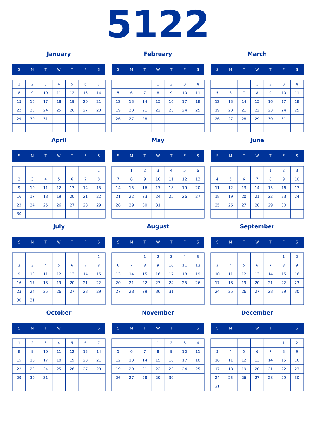 Printable 5122 Year Calendars smalt