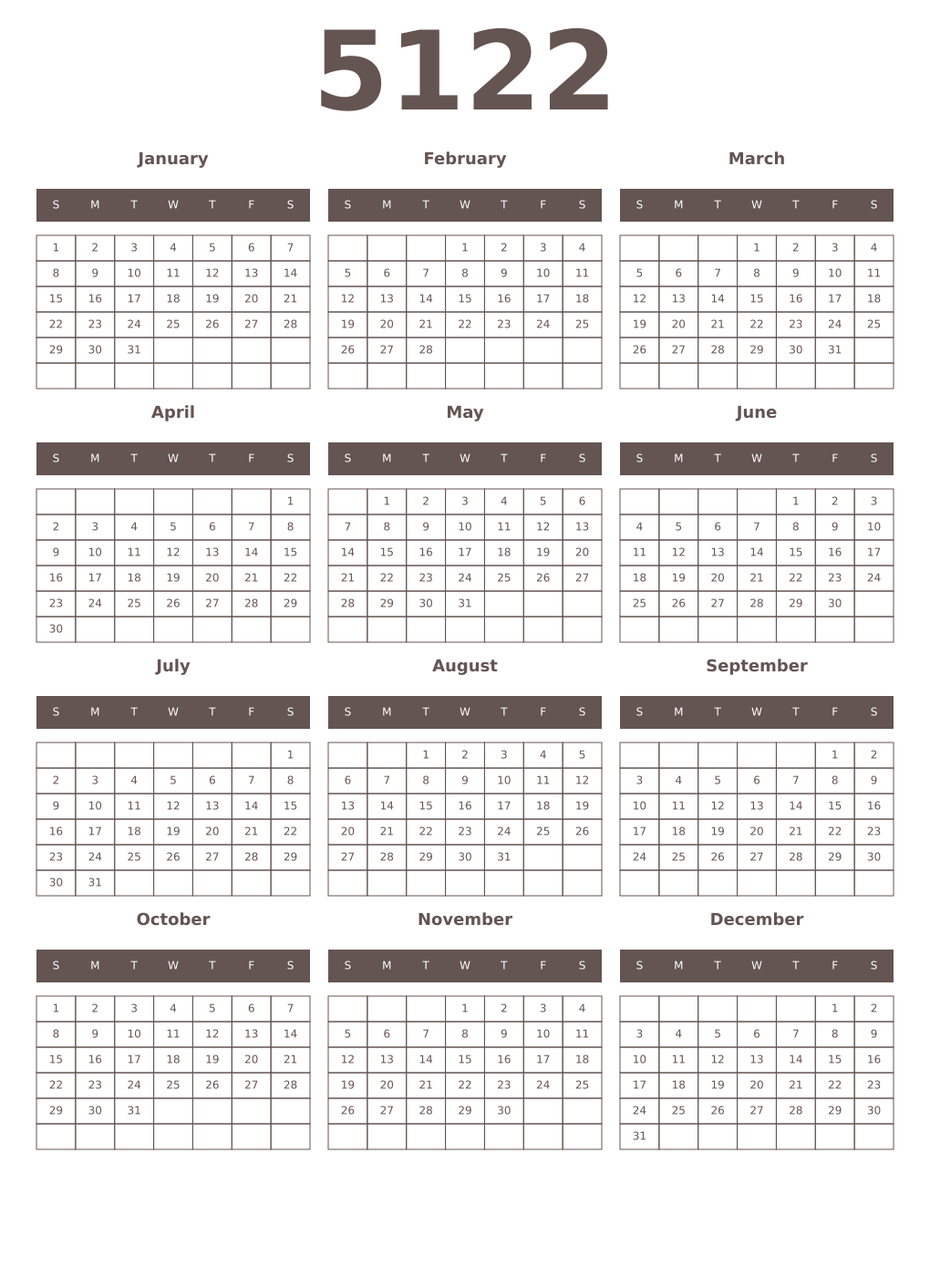 Printable 5122 Year Calendars wenge