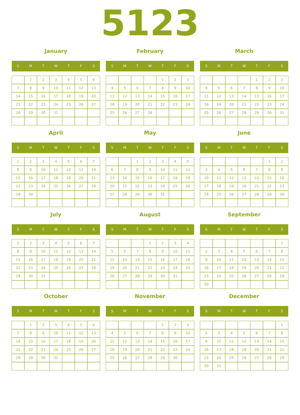 Printable 5123 Year Calendars chartreuse