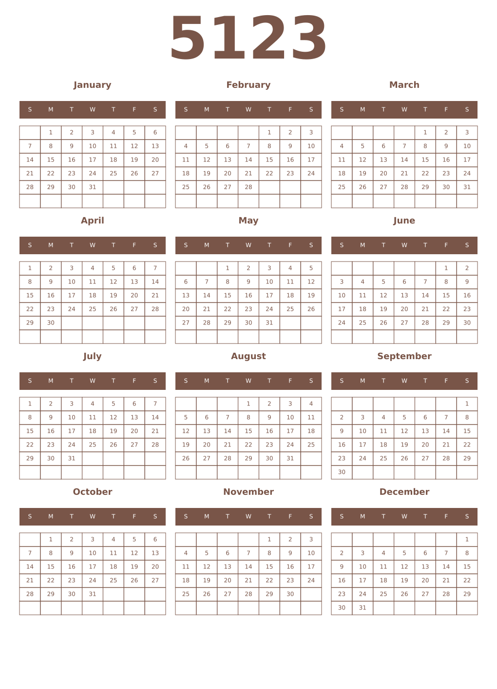 Printable 5123 Year Calendars coffe