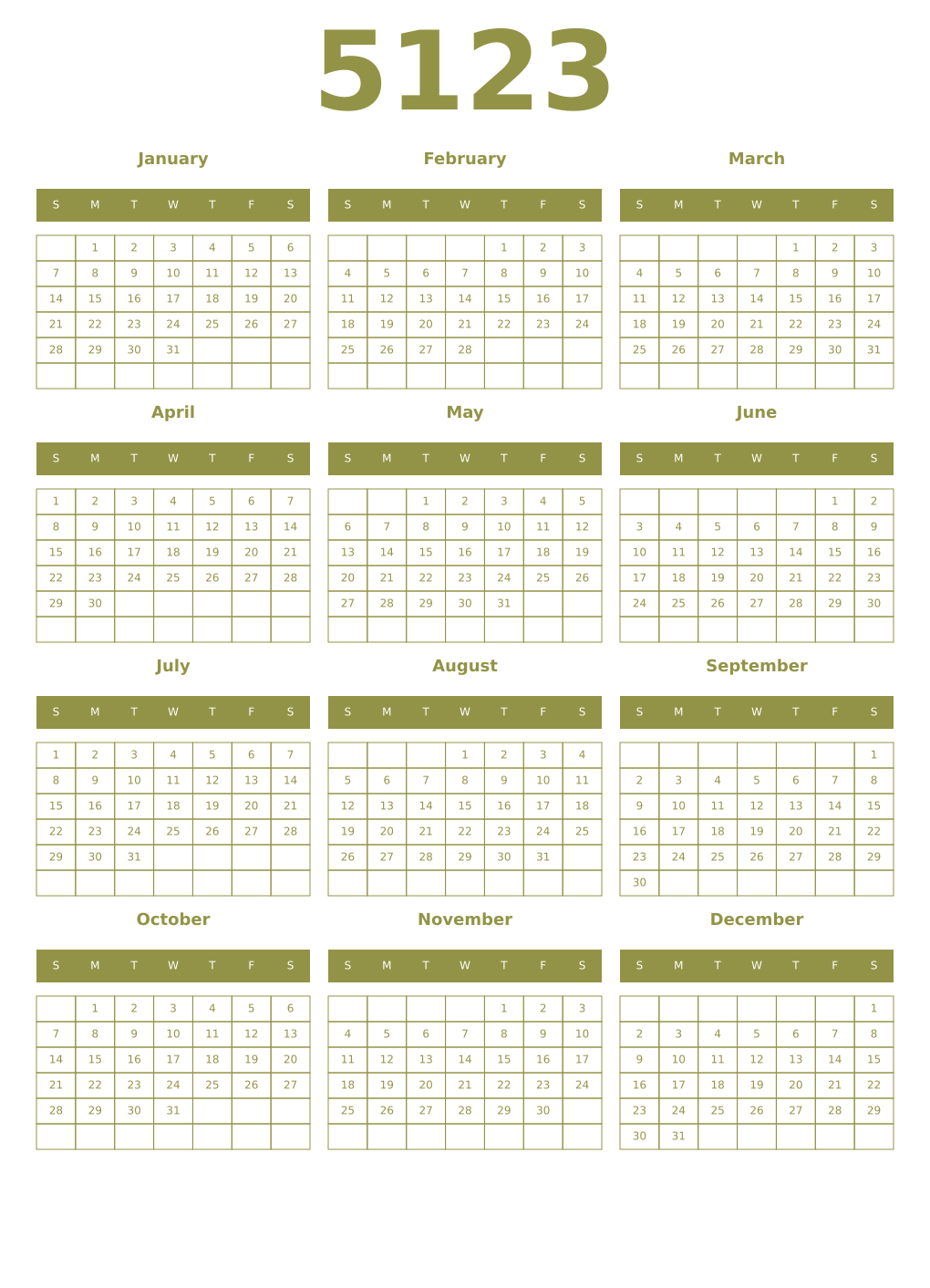 Printable 5123 Year Calendars eburnean