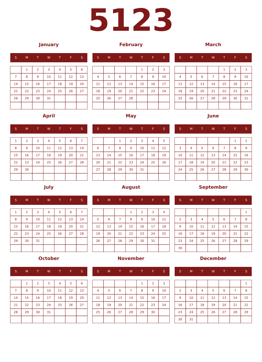 Printable 5123 Year Calendars falu