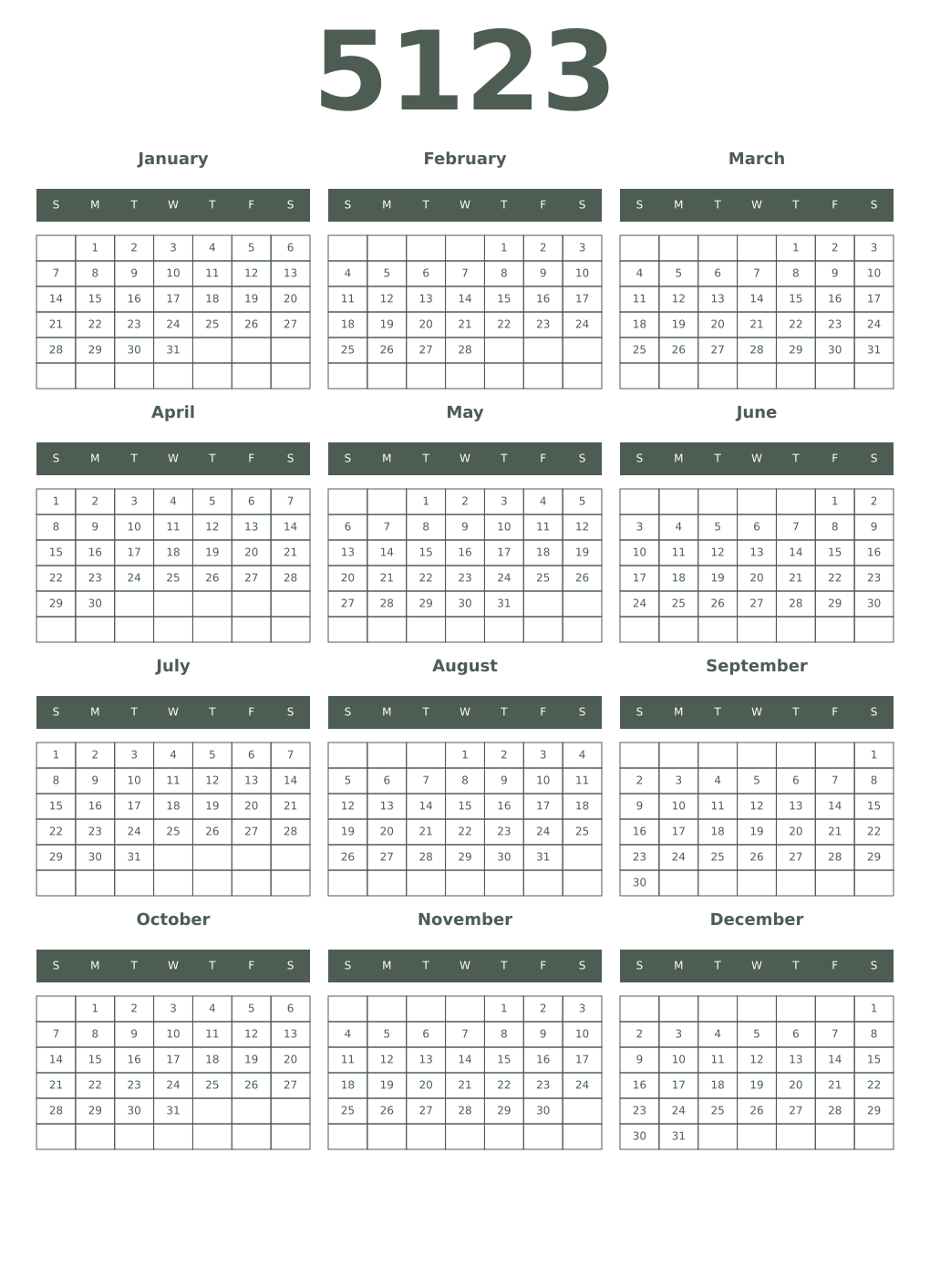 Printable 5123 Year Calendars feldgrau