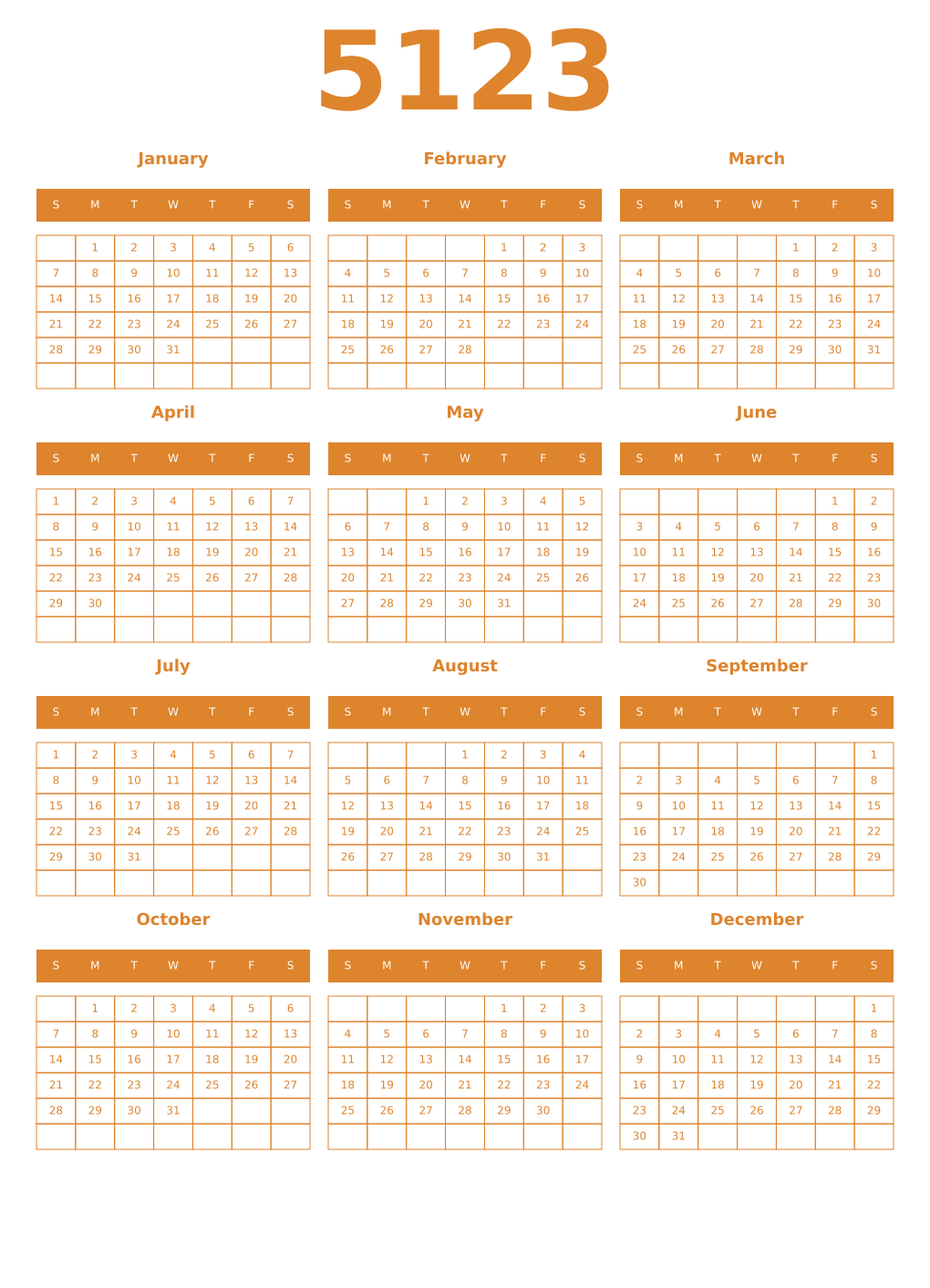 Printable 5123 Year Calendars orange