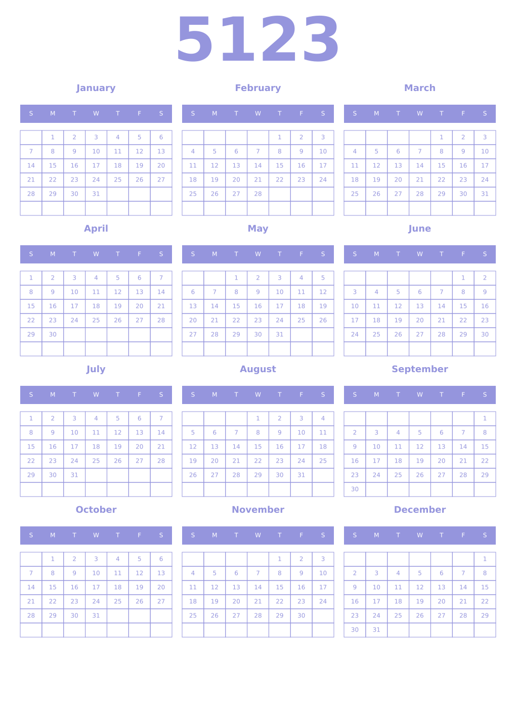 Printable 5123 Year Calendars periwinkle