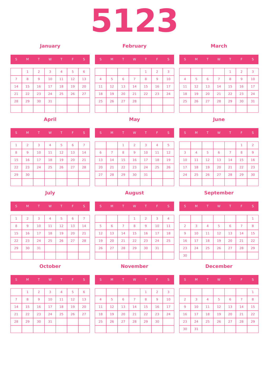 Printable 5123 Year Calendars pink