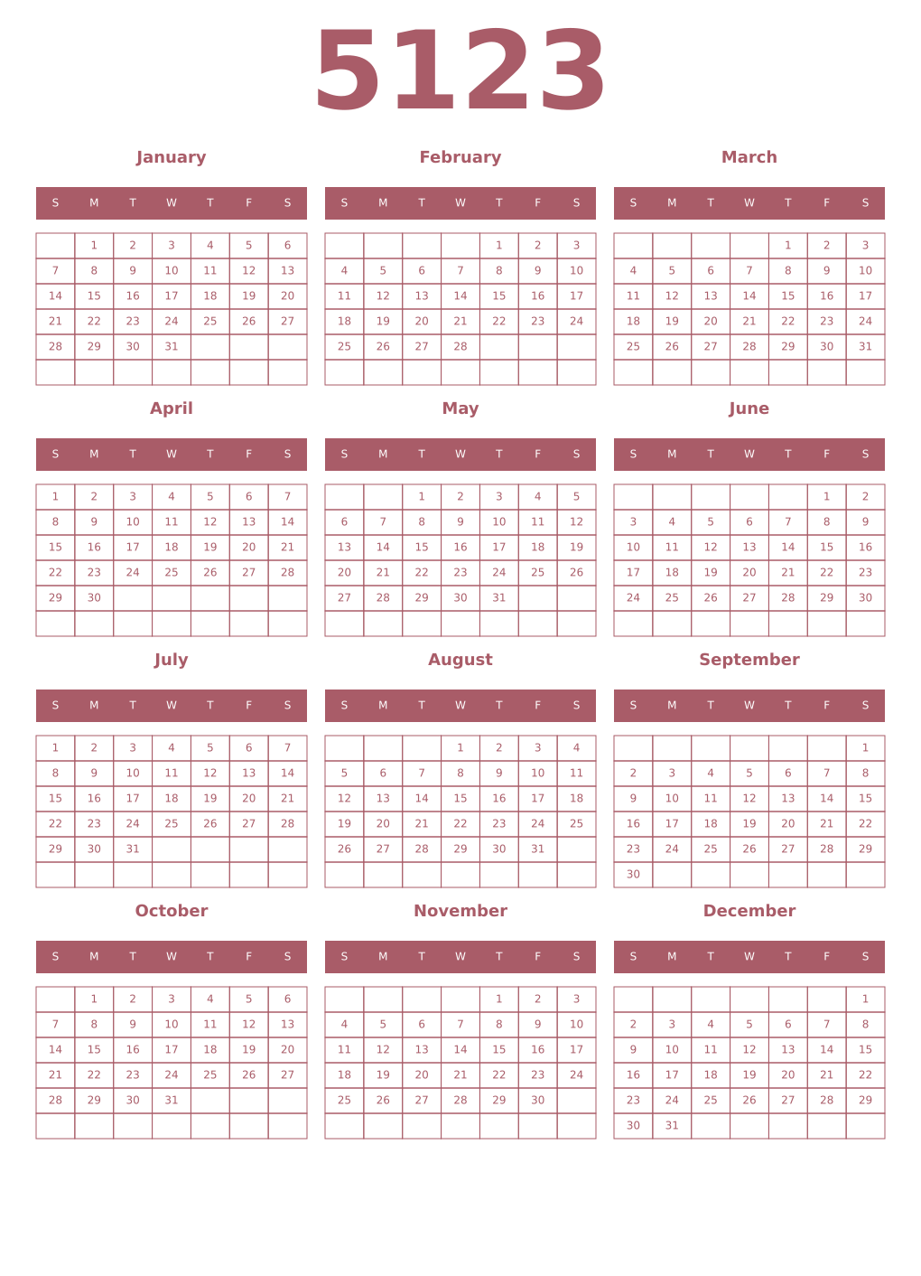 Printable 5123 Year Calendars puce